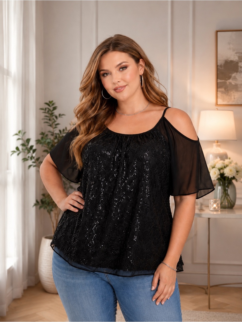 Torrid Black Sequin Chiffon Blouse Size 4 (4X)